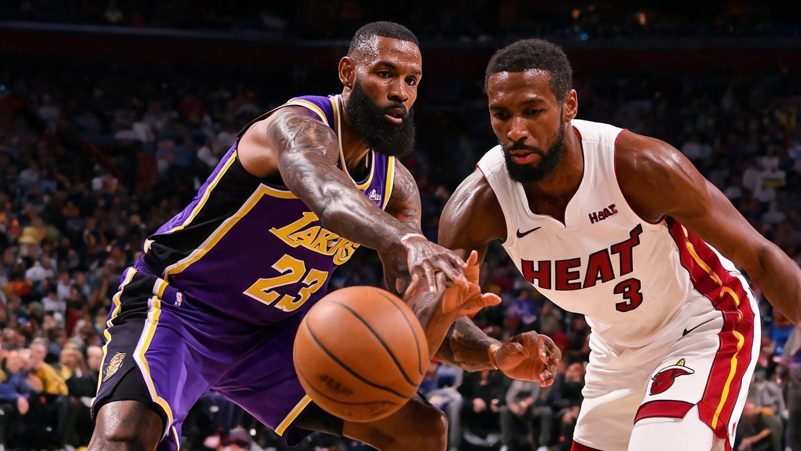 NBA焦点战实时比分直播画面，两位球员激烈对抗，记分牌闪烁显示分数