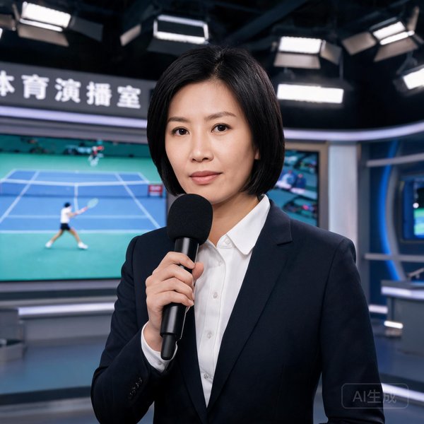 体育评论员李娜，短发干练，手持麦克风，背景是演播室