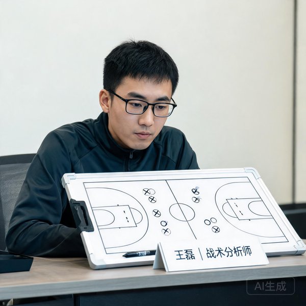战术分析师王磊，戴着眼镜，面前摆放着战术板，表情专注