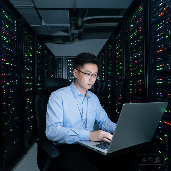 数据库专家刘洋，坐在服务器机房，周围是闪烁的指示灯