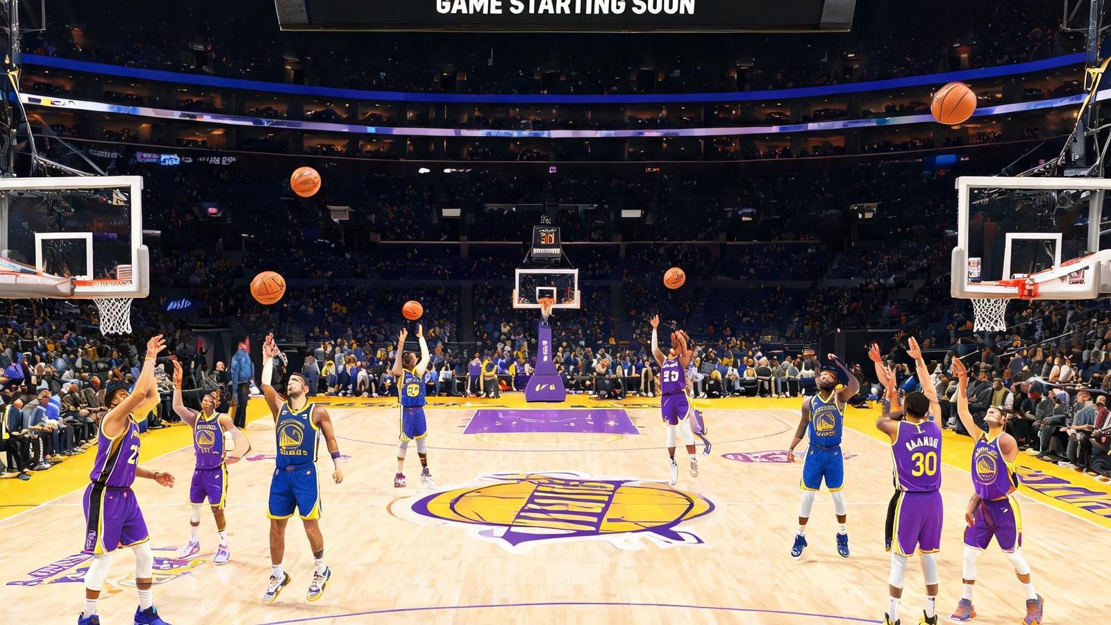 NBA湖人队与勇士队赛前热身，球员们在球场上进行投篮练习，记分牌显示即将开始的比赛
