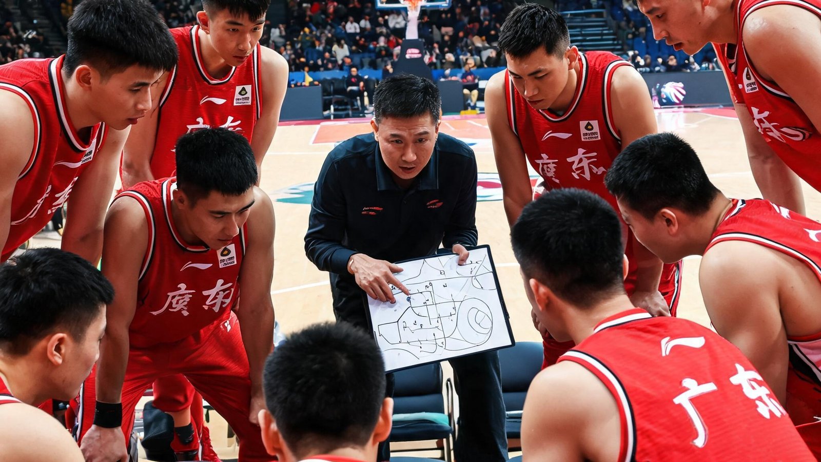 CBA广东队对阵辽宁队，教练正在叫暂停布置战术，球员围在一起聆听